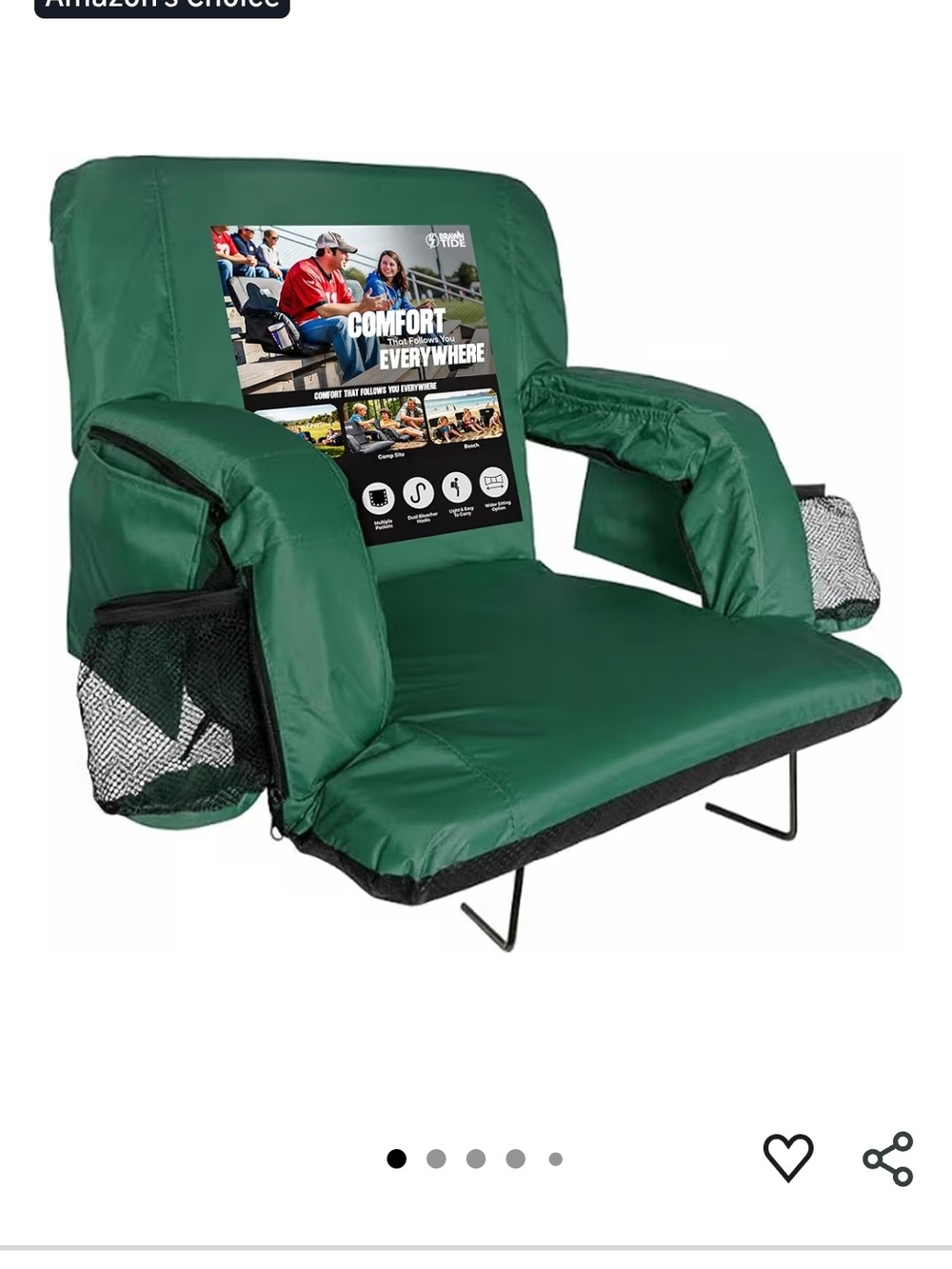 Brawn Tide Extra Wide Green Stadium Seat with Armrests and Cup Holders
